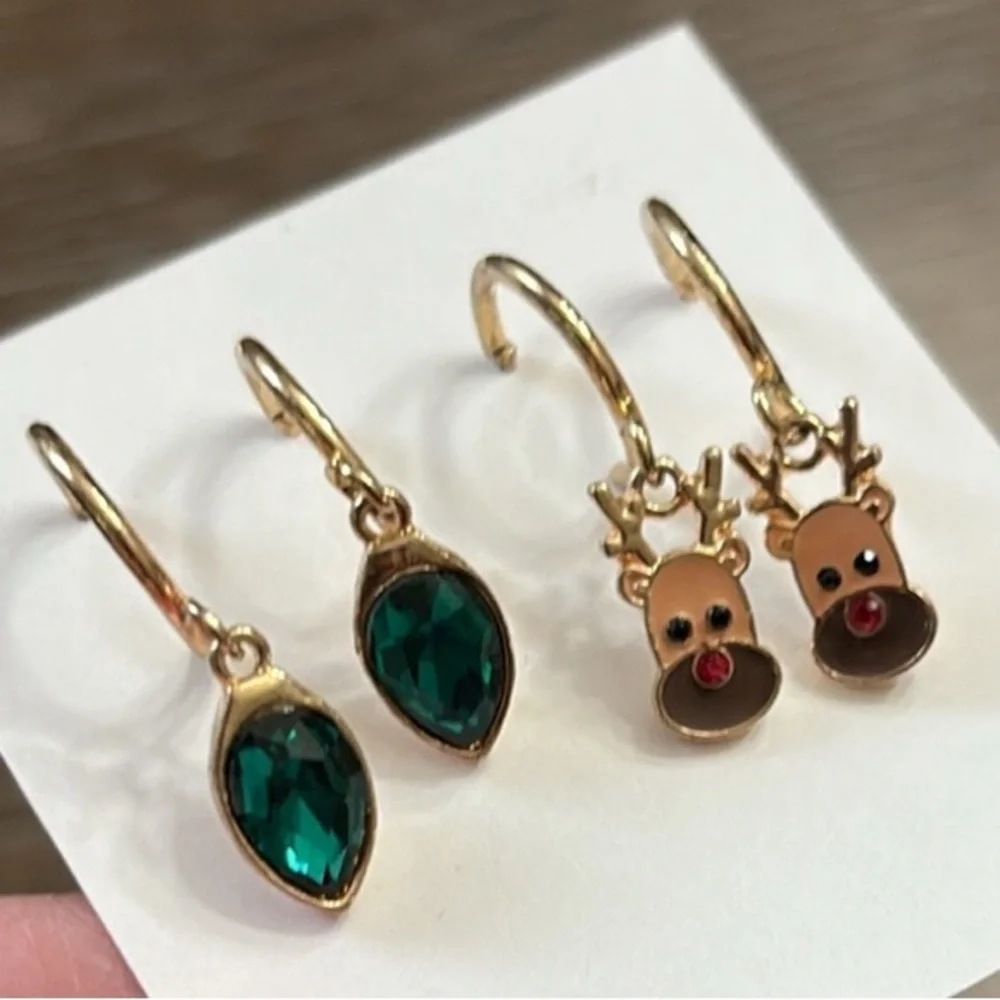 Holiday hoop earrings, Christmas reindeer,  set of two pierced earrings